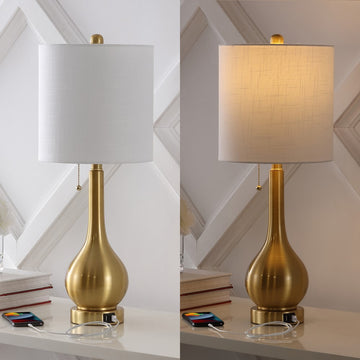 Tyler 24" Modern Classic Gourd Iron LED Table Lamp with Pull-Chain with Dual USB Charging Port - JONATHAN Y